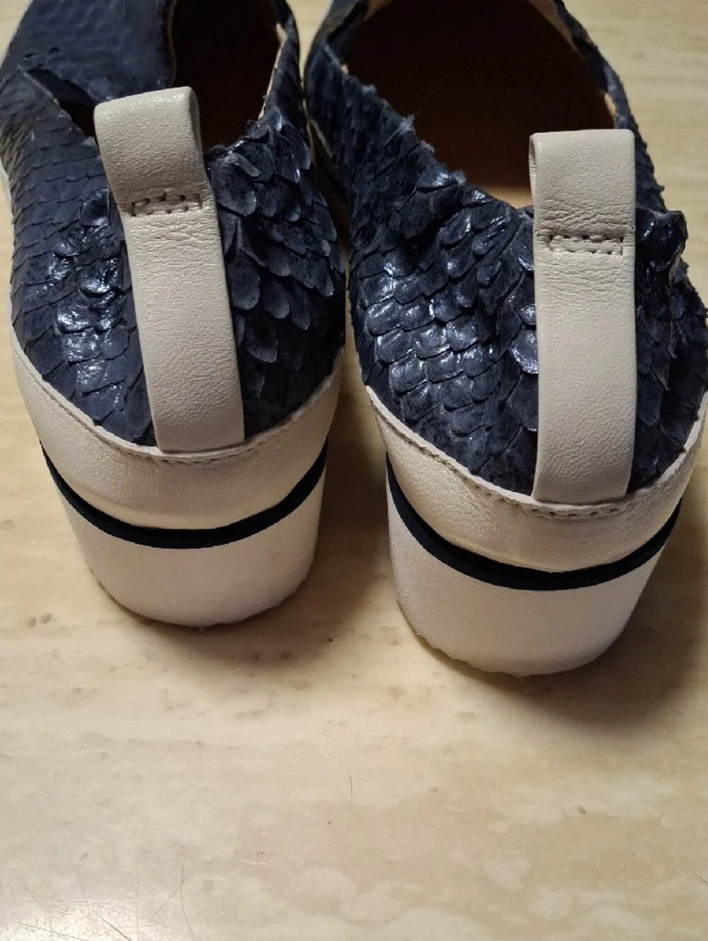 Ron White Navy Snake-Embossed Slip-On Flats with Cream Sole Size 38